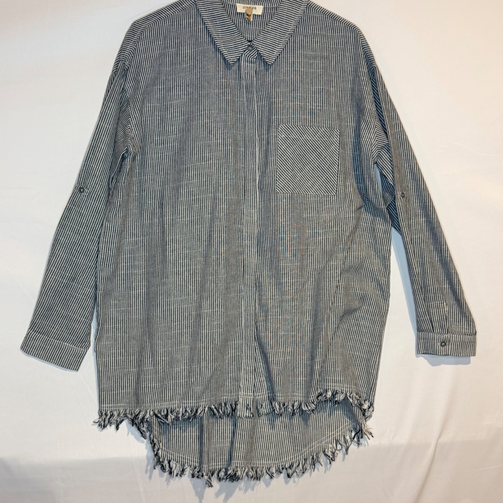 Umgee Navy White Striped Frayed Hem Roll Tab Sleeve Tunic Shirt Large